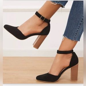 chunky block high heel pumps pointed toe ankle straps.